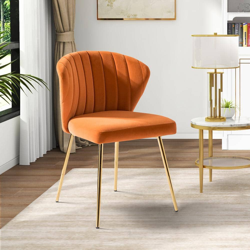 Elegant Orange Velvet Upholstered Side Chair with Gold Metal Legs