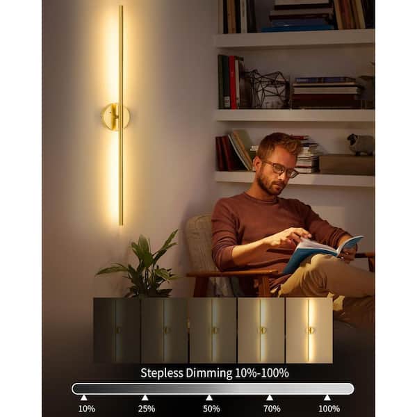 24 in. Brushed Gold Rechargeable Battery Operated Wall Sconce 360° Rotatable Dimmable Wall Light with Remote (Set of 2)