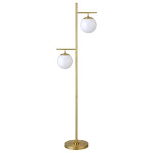 70.5 in. Gold and White 2-Light Tree Floor Lamp with White Frosted Glass Globe Shade