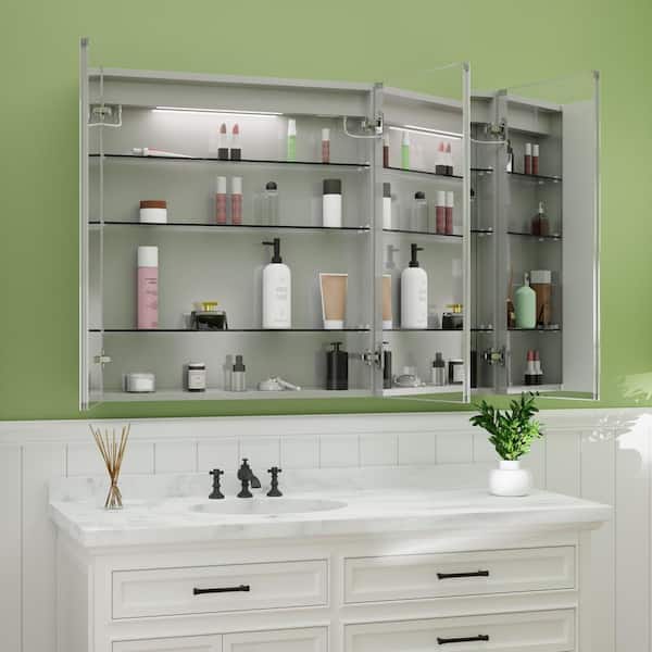 48 in. W x 36 in. H Rectangular Silver Aluminum Recessed/Surface Mount Medicine Cabinet with Mirror, LED and Clock