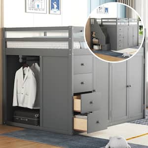 Multi-functional Gray Full Loft Bed with 3-Shelves, 2-Wardrobes, 4-Drawers, Storage Staircase