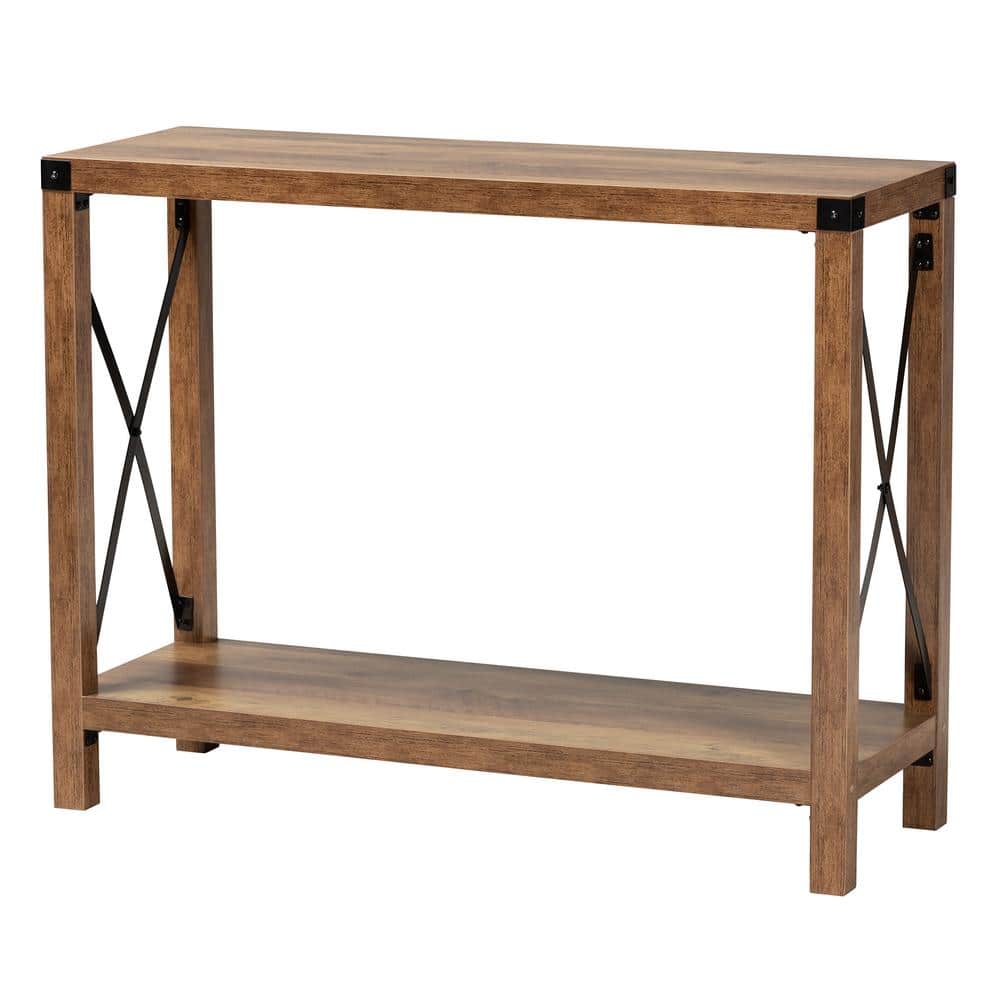 Natural Brown Wood and Black Metal Console Table with Storage