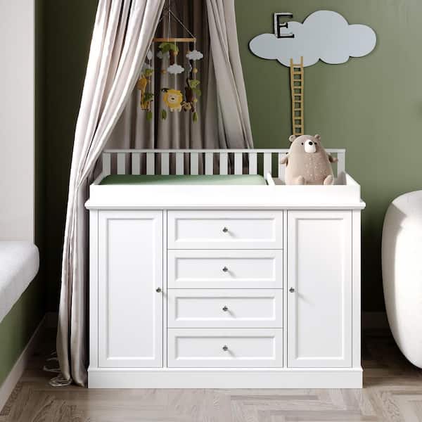 White Wood Changing Table, Kids Dresser Chest Cabinet with 4-Shelves, Changing Top and 4-Drawers