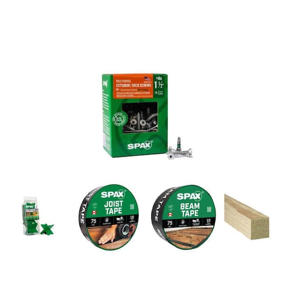 #10 x 1-1/2 in. Deck Screws, Spacer Tool, 1 5/8 in. x 75 ft. 3 1/3 in. x 75 ft. Deck Tape and 4 in. Timber