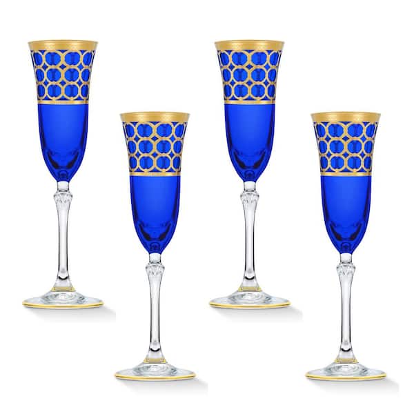 Lorren Home Trends 5 oz. Cobalt Blue with Gold Rings Champagne Flute Stem Set (Set of 4)