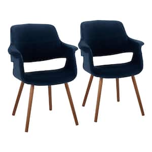 Vintage Flair Blue Velvet and Walnut Wood Arm Chair (Set of 2)