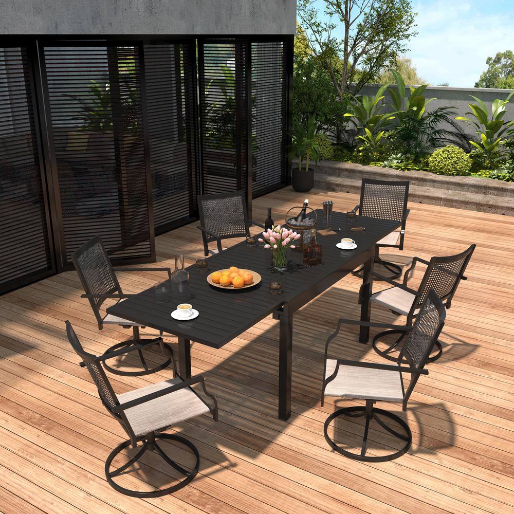 Beige 7-Piece Metal Outdoor Patio Dining Set with Extendable Dining Table and Textilene Swivel Chairs