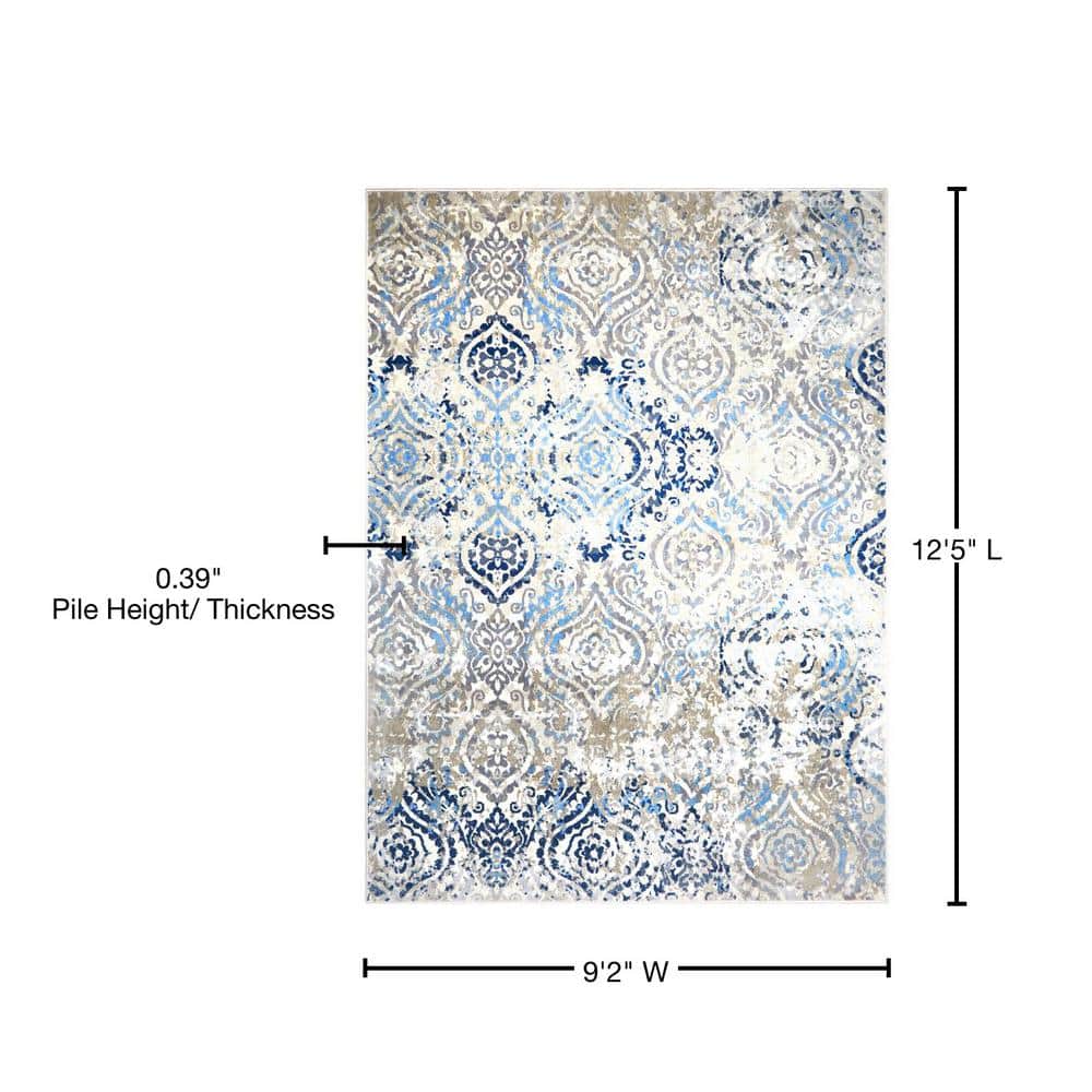 Ivory and Blue Moroccan Damask 9' x 12' Area Rug