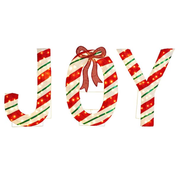 37.5 in. Lighted Christmas 2.5D Fabric Peppermint JOY Outdoor Decor with Warm White LED Lights (Set of 3)