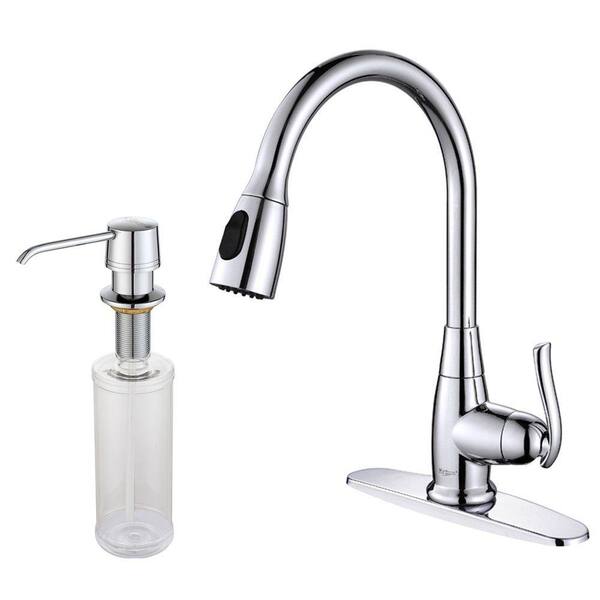 KRAUS Single-Handle Stainless Steel High Arc Pull-Down Kitchen Faucet with Dual-Function Sprayer and Soap Dispenser in Chrome
