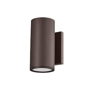 Perry 4.5 in. 1-Light Textured Bronze Outdoor Cylinder Wall Sconce with Clear Etched Glass Shade