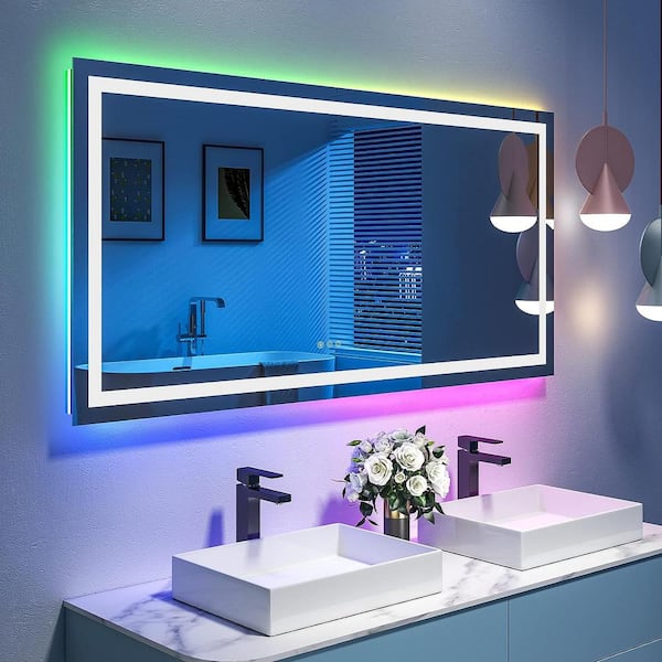 Apmir 60 in. W x 30 in. H Rectangular Frameless RGB Backlit LED Frontlit Anti-Fog Tempered Glass Wall Bathroom Vanity Mirror