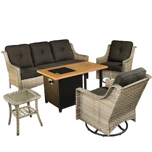 Alps Gray 5-Piece Wicker Patio Rectangular Fire Pit Set with Black Cushions and Swivel Rocking Chairs