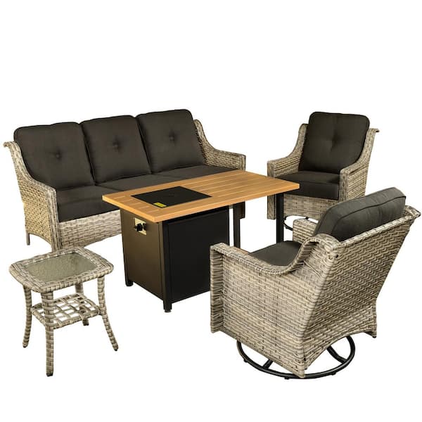 XIZZI Alps Gray 5-Piece Wicker Patio Rectangular Fire Pit Set with Black Cushions and Swivel Rocking Chairs