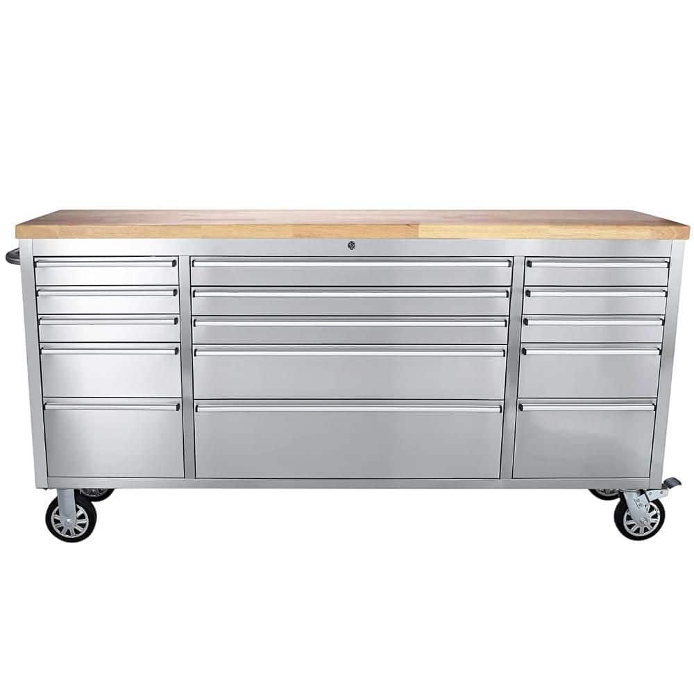72 in. Stainless Steel Mobile Workbench Cabinet with Lockable Wheels, 15-Drawer, Rubber Wood Top, Lock Key for Workshop price history on PriceWatchPro