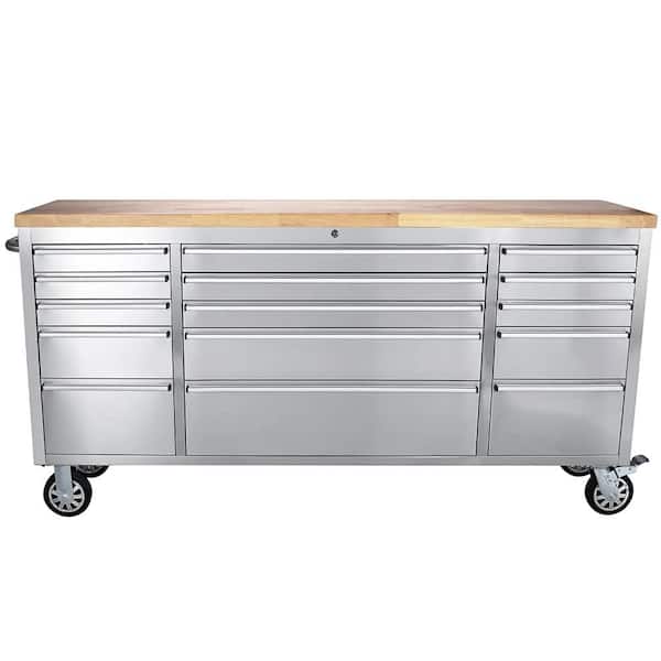72 in. Stainless Steel Mobile Workbench Cabinet with Lockable Wheels, 15-Drawer, Rubber Wood Top, Lock Key for Workshop