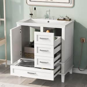 30 in. W x 18 in. D x 34.05 in. H Single Sink Freestanding Bath Vanity in White with White Ceramic Top and Storage