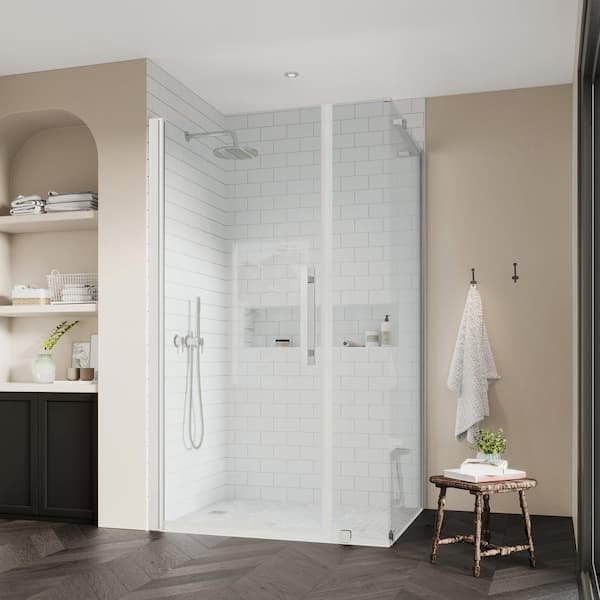 OVE Decors Pasadena 42-1/8 in. W x 72 in. H Rectangular Pivot Frameless Corner Shower Enclosure in Satin Nickel