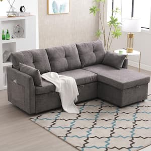 81 in. Square Arm 3-Piece Chenille Upholstered L-Shaped Pull Out Sectional Sofa Bed in Dark Gray with Storage Chaise