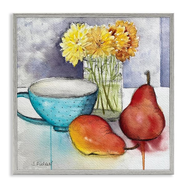 Stupell Industries Modern Kitchen Teacup and Fruit by Stephanie Fielden Gray Framed Country Giclee Art Print 17 in. x 17 in.
