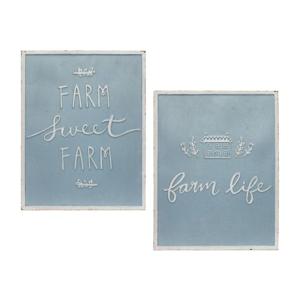 HomeRoots 14 in. x 18 in. Blue, White and Farm Sweet Farm Metal Wall Art 2-Piece