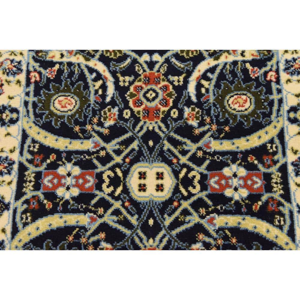 Navy Blue and Beige Floral Synthetic Runner Rug