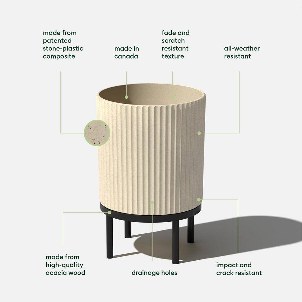 Sandstone and Black 16" Concrete-Composite Planter Set with Acacia Wood Stand