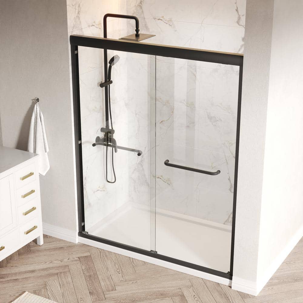 60-Inch Matte Black Aluminum Double Sliding Shower Door with Clear Glass