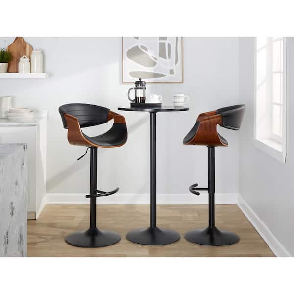 Lumisource Symphony 32.5 in. Black Faux Leather, Walnut Wood and Black Metal Adjustable Bar Stool (Set of 2)