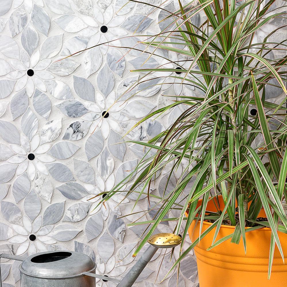 Thistle Blue Marble Flower Mosaic Tile Sheet
