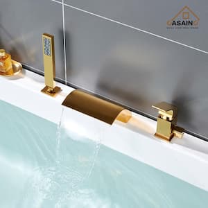 Single-Handle Tub-Mount Roman Tub Faucet with Hand Shower in Brushed Gold