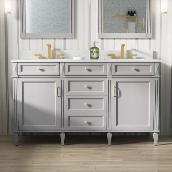 ANGELES HOME 60 in. W x 22 in. D x 35 in. H Solid Wood Freestanding Bath Vanity in Grey with Double Sinks, Carrera White Quartz Top
