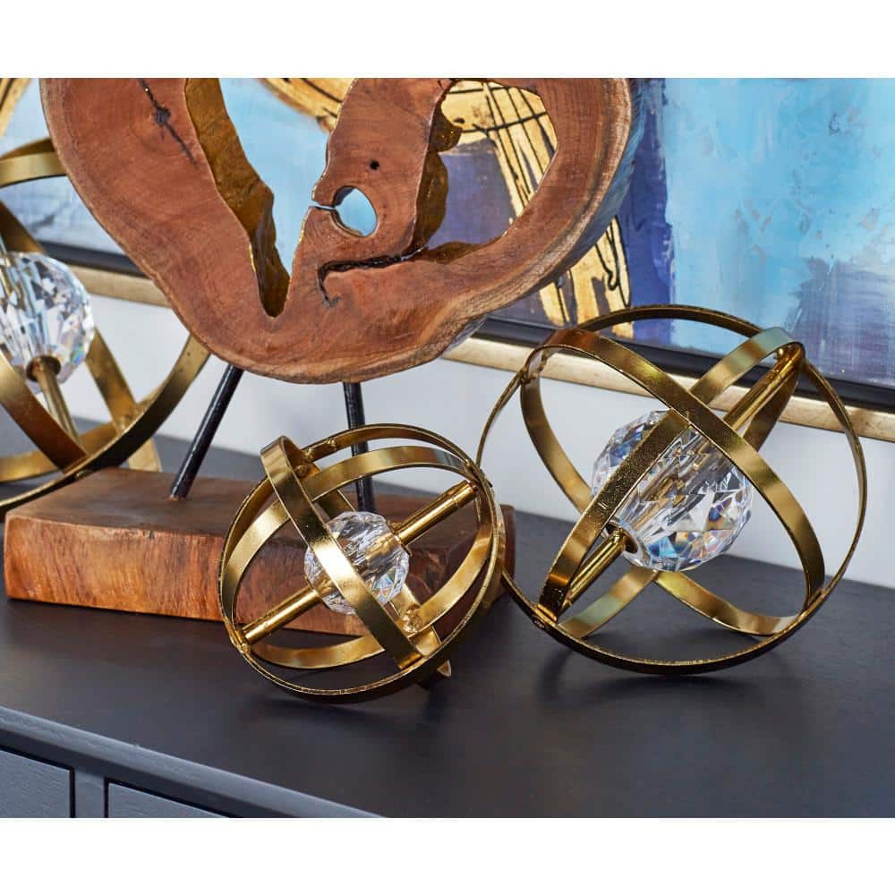Gold Metal Geometric Sculpture Set with Crystal Center