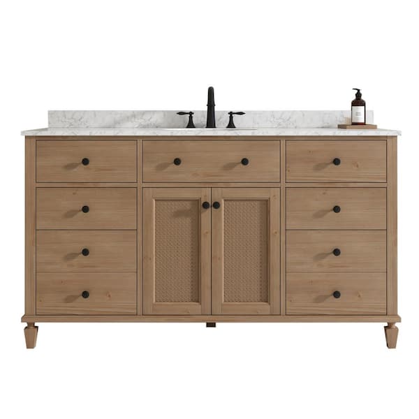 Sovienne 60 in. Single Freestanding Light Brown Bath Vanity with White Carrara Marble Top Assembled