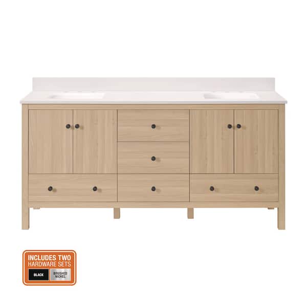Rory 72 in. Double Sink Freestanding Bathroom Vanity in White Oak with White Engineered Marble Top (Assembled)