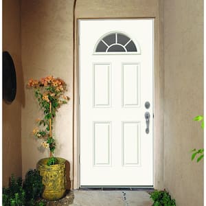 36 in. x 80 in. Fan Lite White Painted Steel Prehung Right-Hand Outswing Front Door w/Brickmould