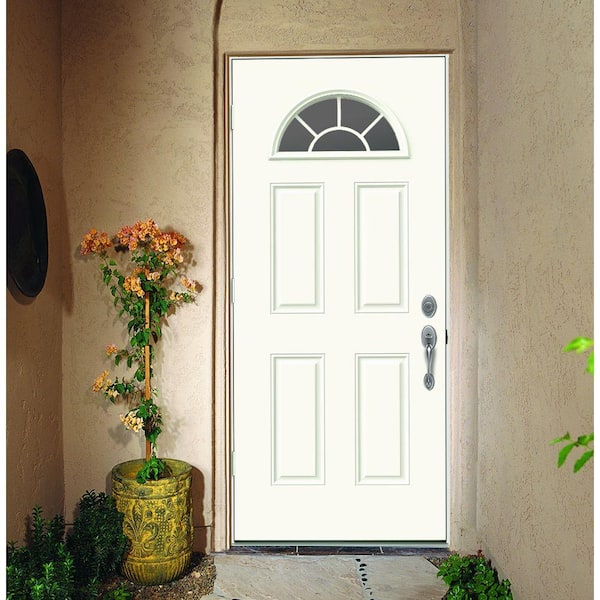 36 in. x 80 in. Fan Lite White Painted Steel Prehung Right-Hand Outswing Front Door w/Brickmould
