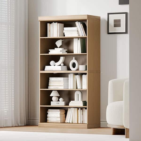 62 in. Tall Natural Wood 6-shelf Standard Bookcase with Adjustable Shelves