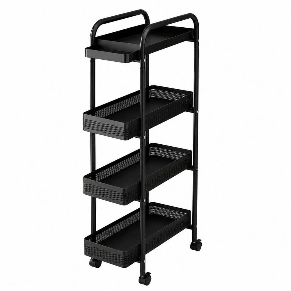 4-Tier Black Carbon Steel Slim Rolling Storage Cart with Pull-Out Baskets for Kitchen, Bath and Laundry Storage Areas