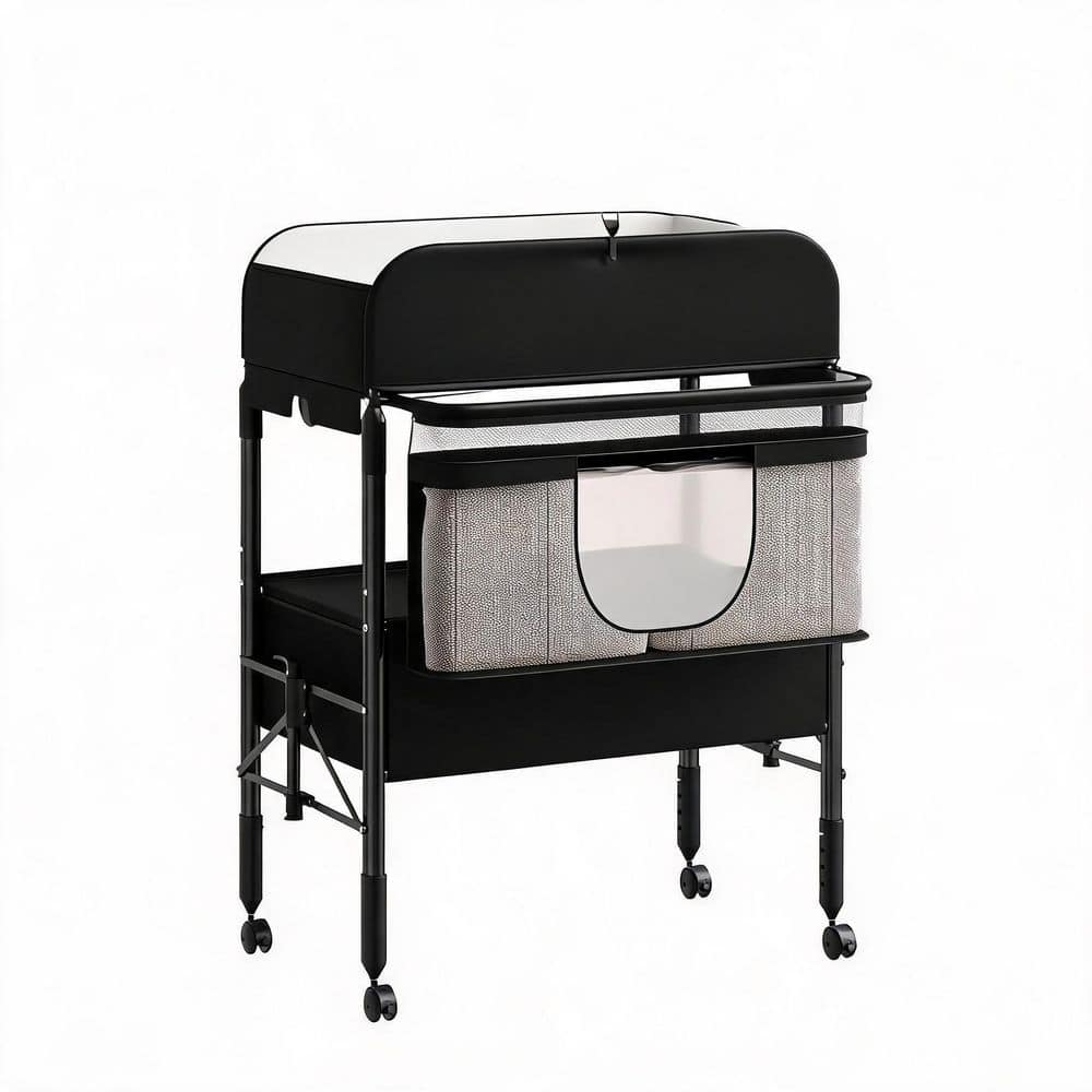 31.5 in. W Black Collapsible Baby Changing Station Table with Adjustable Height, 2 Storage Drawers
