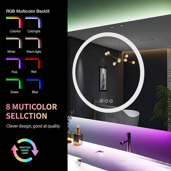 Apmir 24 in. W x 36 in. H Rectangular Frameless RGB Backlit, LED Frontlit Anti-Fog Tempered Glass Wall Bathroom Vanity Mirror, 8 RGB Backlit + 3 Color