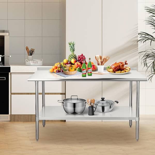 60 in. x 30 in. Silver Stainless Steel Kitchen Prep Table with Adjustable Undershelf for Kitchen and Outdoor