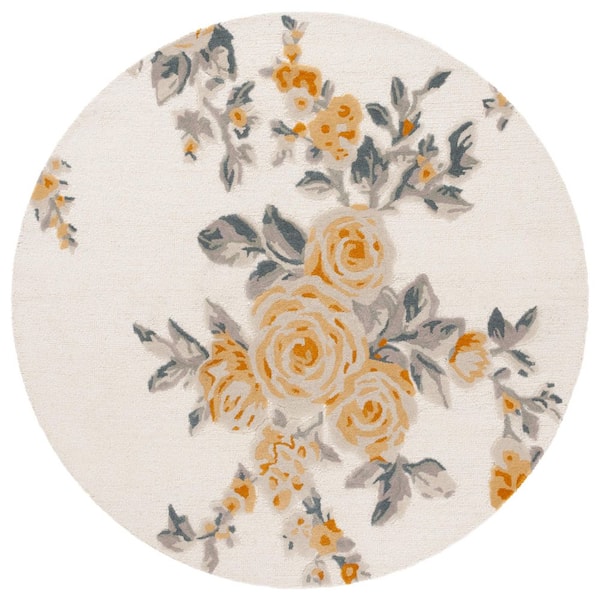 Jardin 6 ft. x 6 ft. Round Ivory/Gold Floral Blossom Area Rug