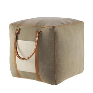 Farmhouse Gray/Ivory 20 in. Leather Handles Modern Pouf