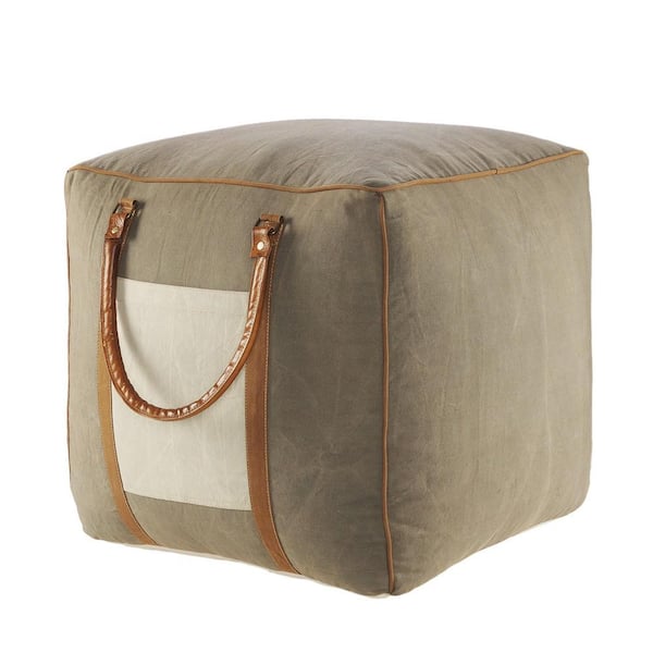 Unbranded Farmhouse Gray/Ivory 20 in. Leather Handles Modern Pouf