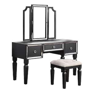 3-Piece Black and Ivory Makeup Vanity Set with 3 Roomy Drawers and Ornate Ring Handles