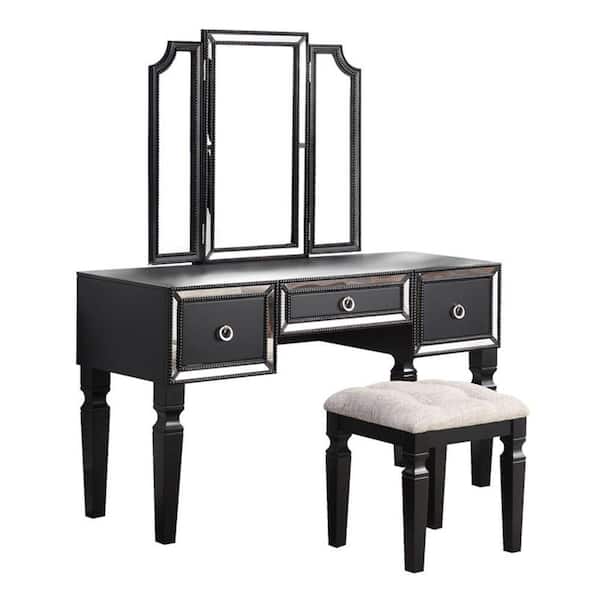 Benjara 3-Piece Black and Ivory Makeup Vanity Set with 3 Roomy Drawers and Ornate Ring Handles