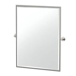 Reveal 29 in. W x 32.5 in. H Large Rectangular Framed Beveled Wall Bathroom Vanity Mirror in Satin Nickel