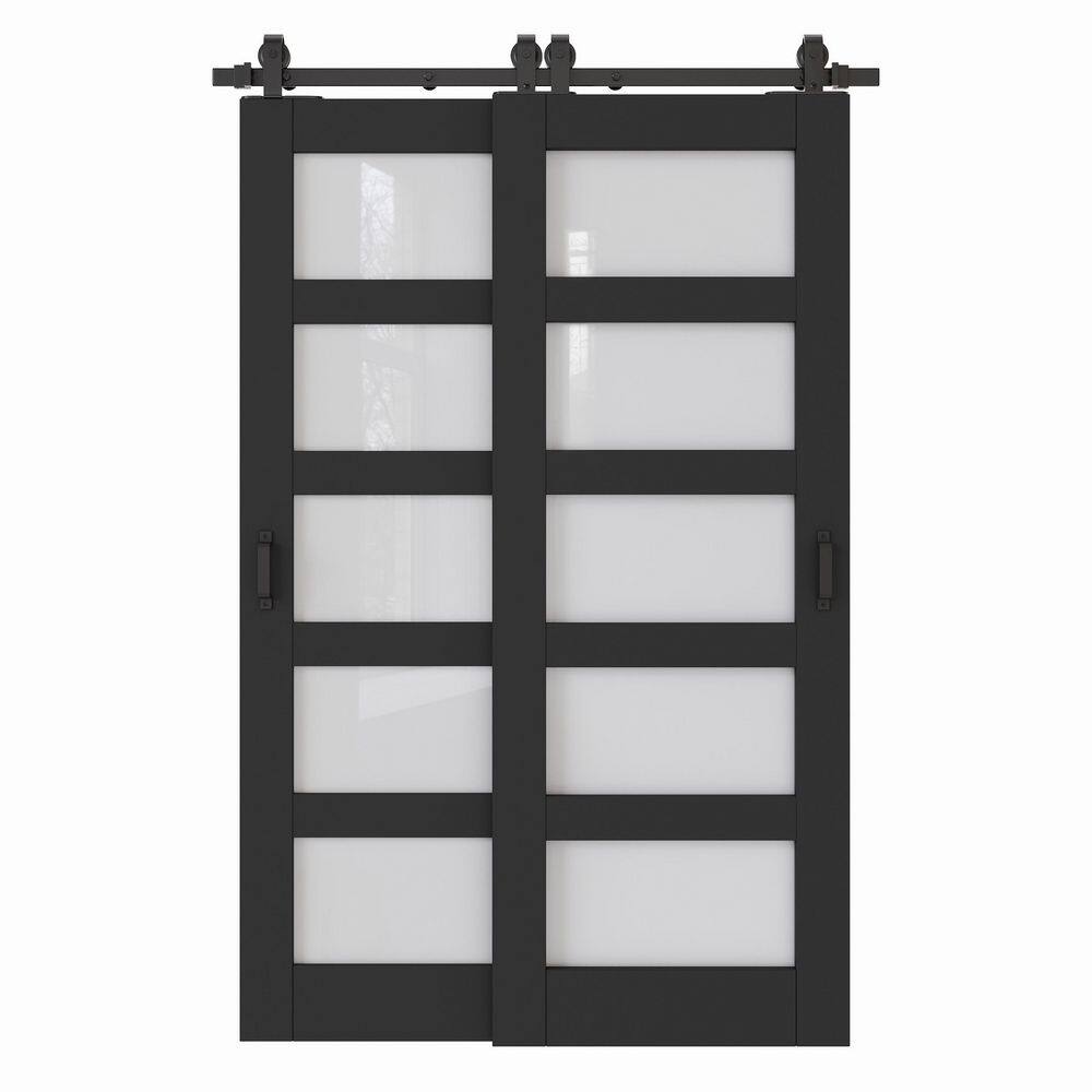 52 in. x 80 in. (Double 30 in. ) 5-Lite Frosted Glass Black Finished MDF Sliding Barn Door with Hardware Kit Bypass price history on PriceWatchPro