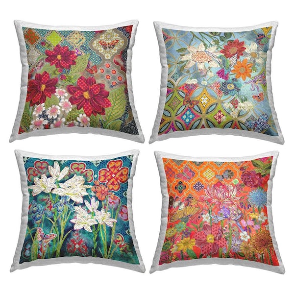 Vivid Geometric Floral Patterns Multi-Color Square Outdoor Throw Pillow 4-Pack